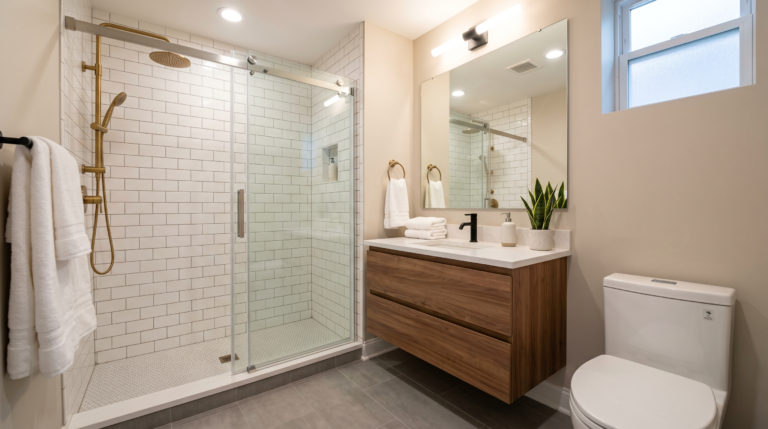 Mid-range bathroom remodel in Chicago with new tile, floating vanity, and glass shower – PM Tile