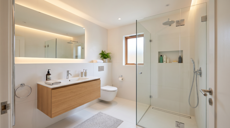 Small bathroom remodel in Chicago with walk-in shower, frameless glass, and floating vanity – PM Tile