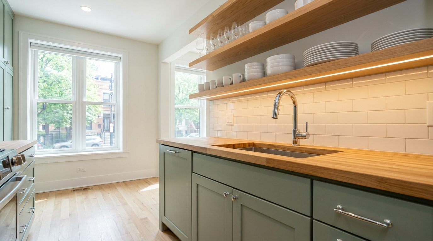 Bright modern kitchen with updated lighting, open shelving, and refreshed cabinets
