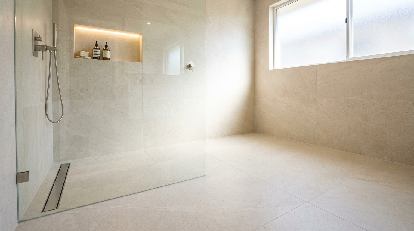 Tub-to-Shower Conversion in Chicago: What to Know Before You Start 1 Modern curbless walk-in shower with frameless glass and large-format tile after a tub-to-shower conversion