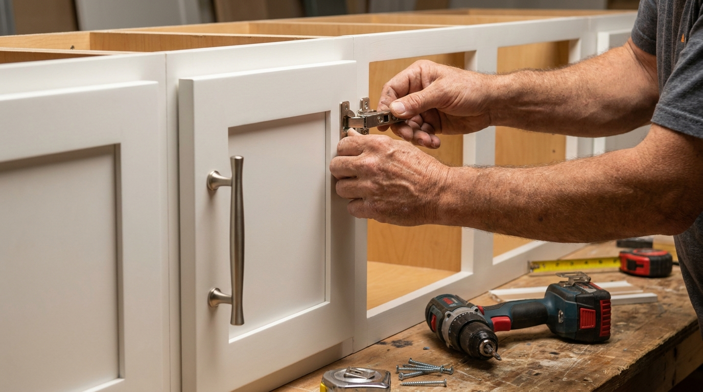 Kitchen Cabinet Refacing vs. Replacing: Which Is Right for You? 1 Close-up of a new white Shaker cabinet door being installed on an existing kitchen cabinet box
