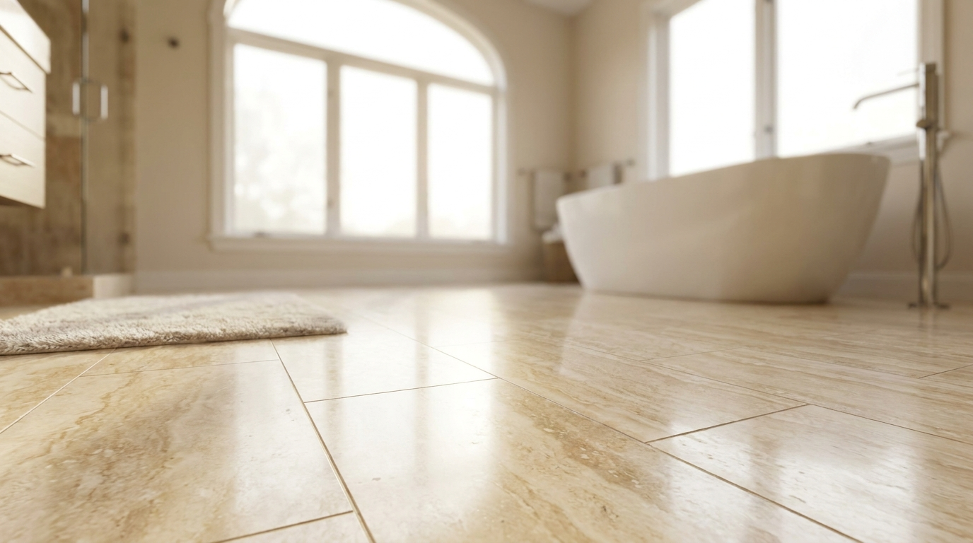 Polished travertine natural stone floor in a bright Chicago bathroom, freestanding tub in soft focus