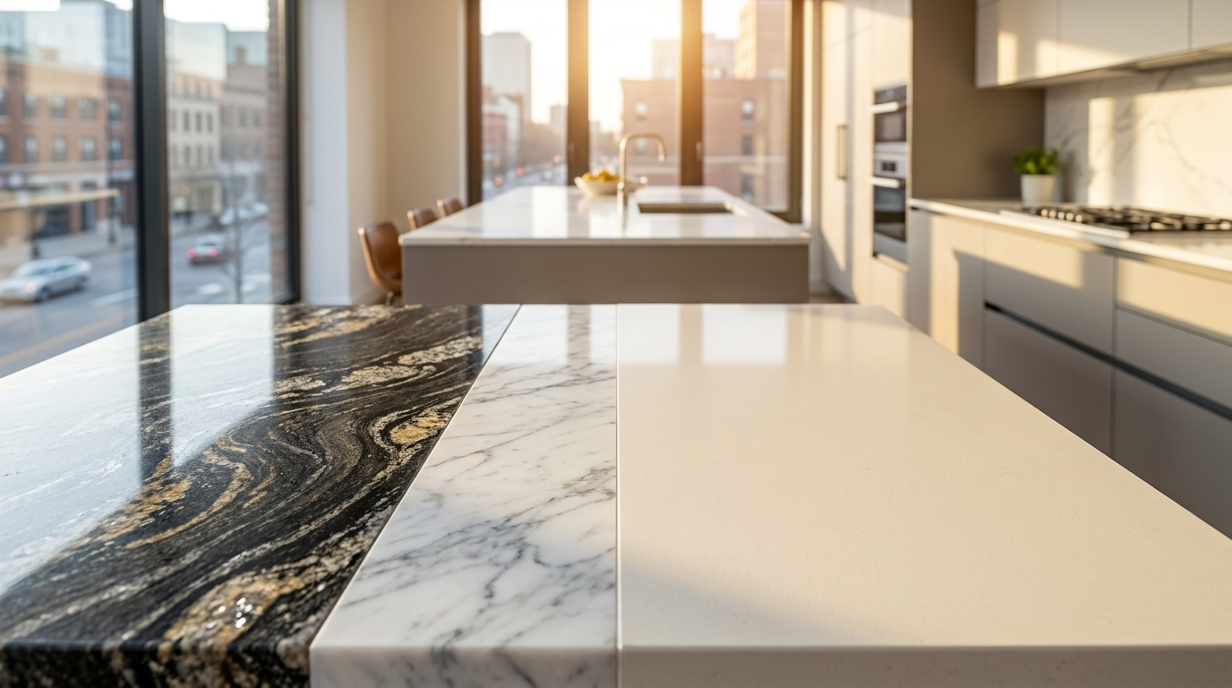 Quartz vs. Granite vs. Marble Countertops: How to Choose 1 Close-up of polished granite, marble, and quartz countertop samples in a bright modern Chicago kitchen