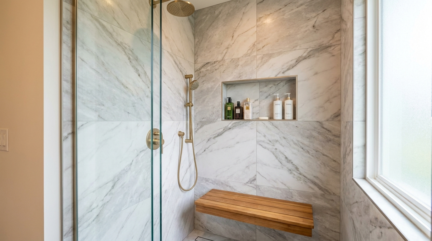 Walk-In Shower Ideas & Designs for Chicago Bathrooms 1 Walk-in shower idea with marble-look tile, built-in niche and bench in a modern Chicago bathroom
