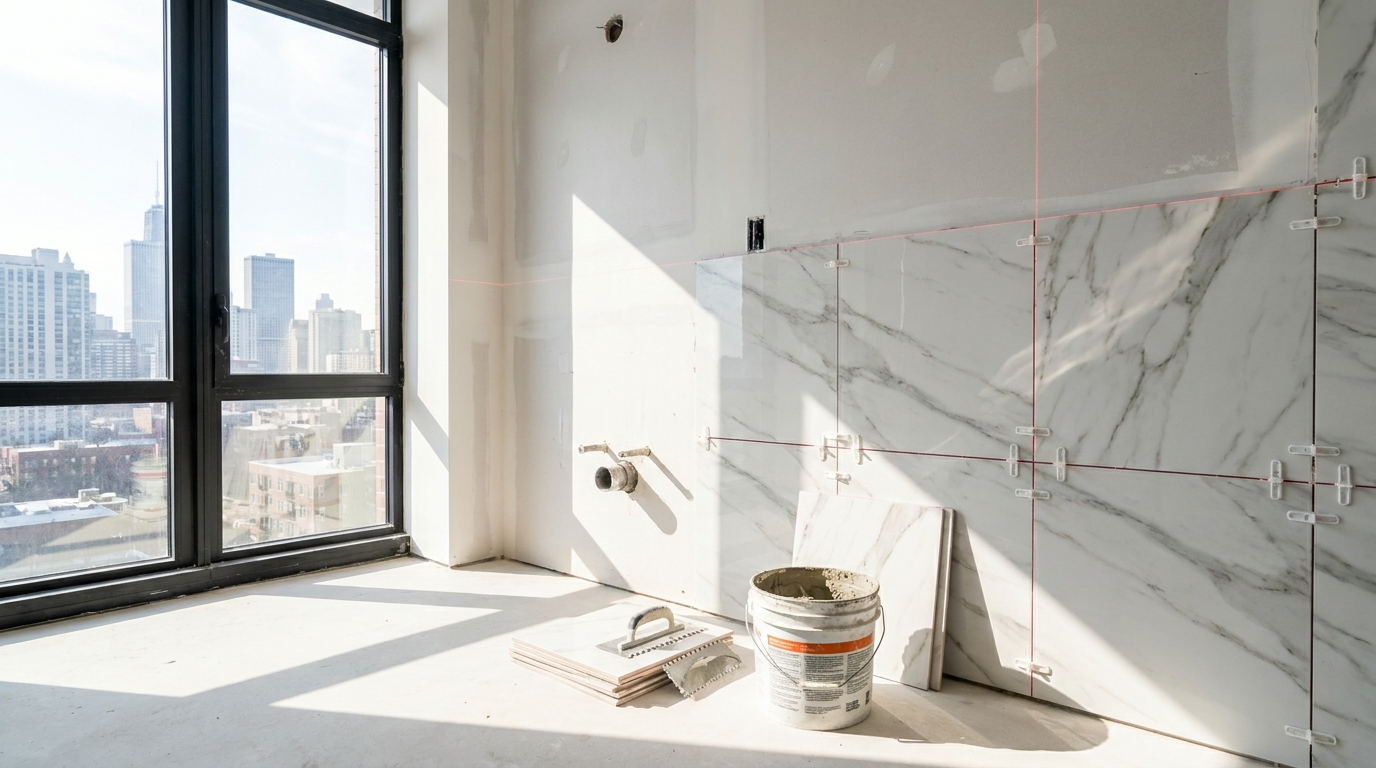 Large-format porcelain tile being installed on a bright modern bathroom wall