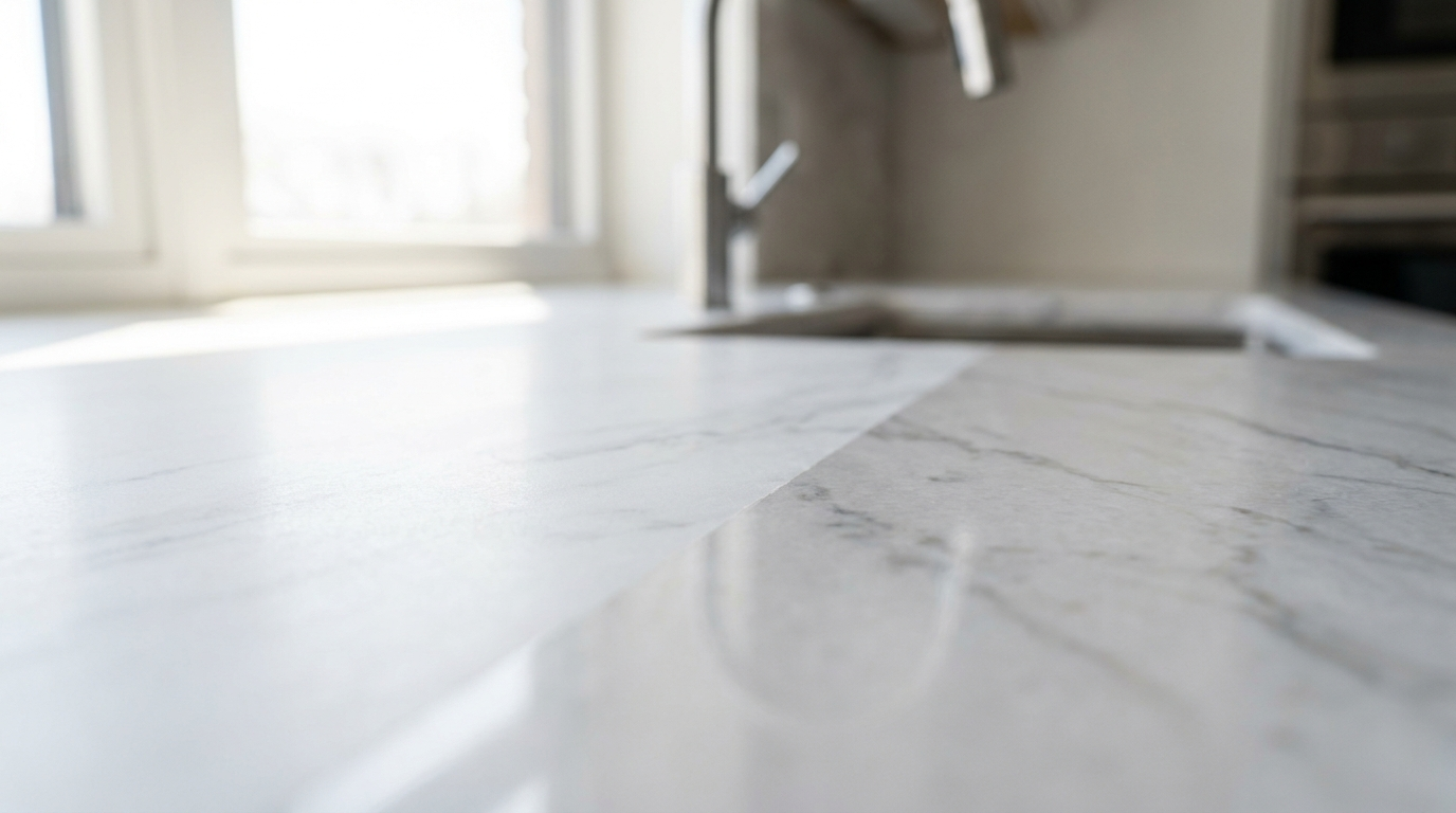Marble Restoration: Reviving Dull, Scratched & Etched Stone 1 Honed and polished white marble countertop showing the difference in surface sheen