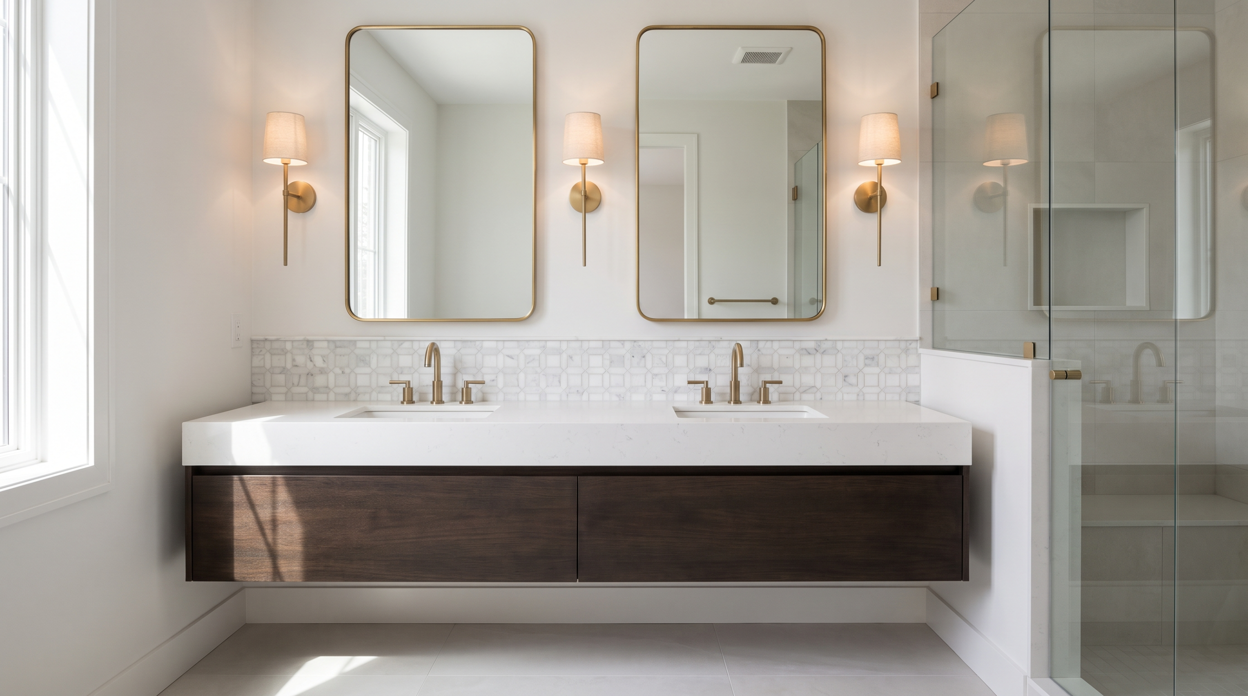 Master Bathroom Remodel: Ideas & Features 1 Modern master bathroom double vanity with quartz countertop, framed mirrors and marble mosaic backsplash