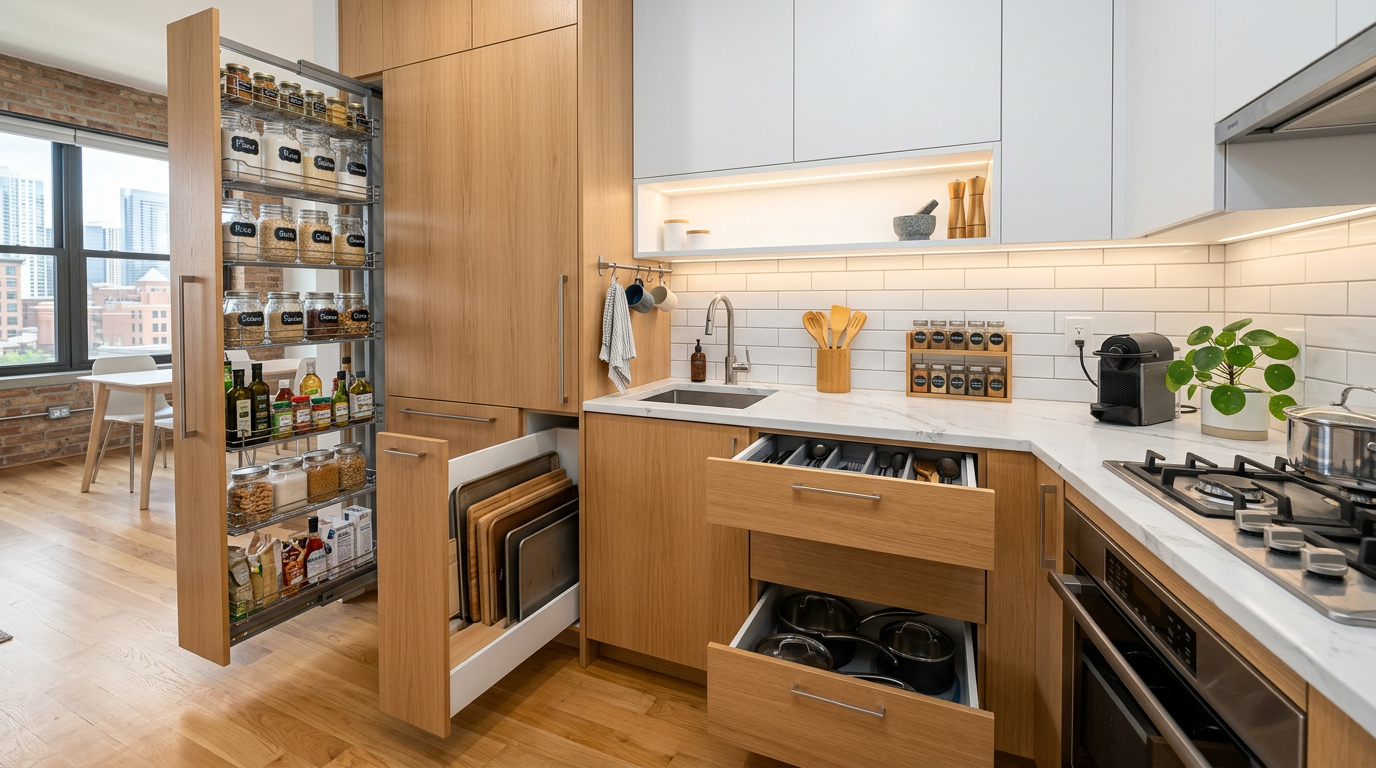 Compact kitchen with pull-out pantry, vertical storage, and under-cabinet lighting
