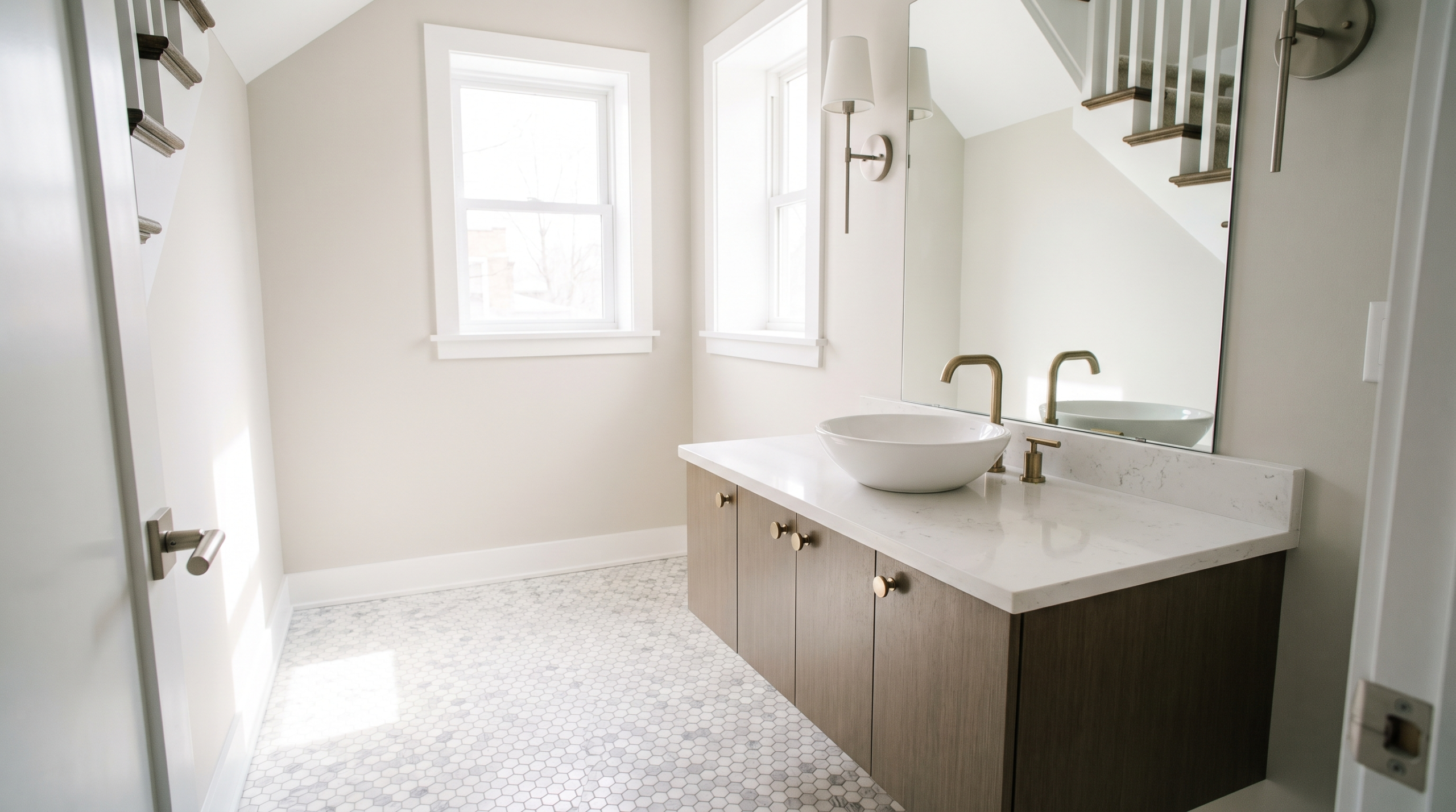 Compact powder room addition with floating vanity, stone countertop and mosaic tile floor