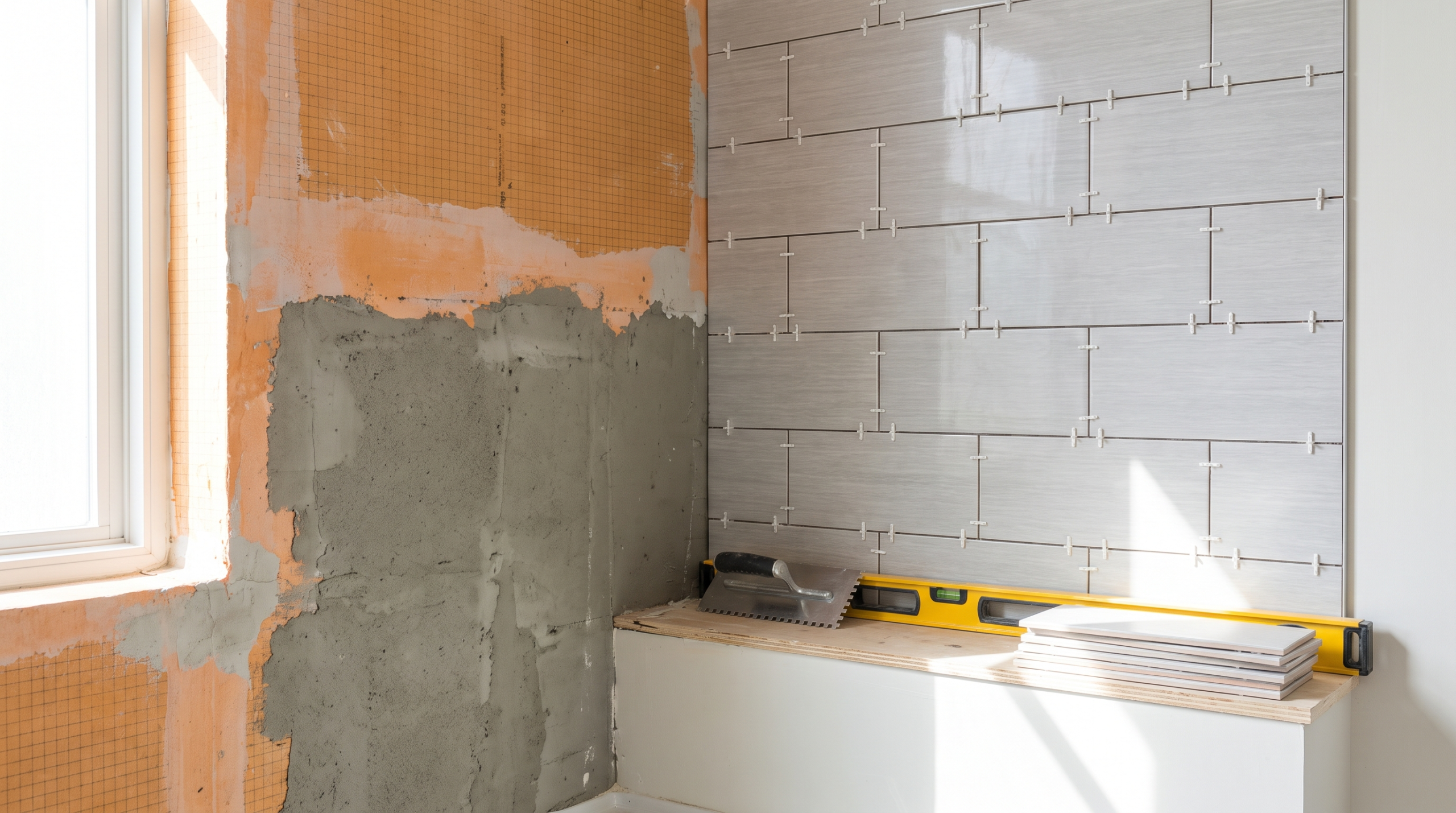 How Much Does It Cost to Retile a Shower in Chicago? 1 Shower wall mid-retile showing waterproofing membrane, backer board and newly set porcelain tile