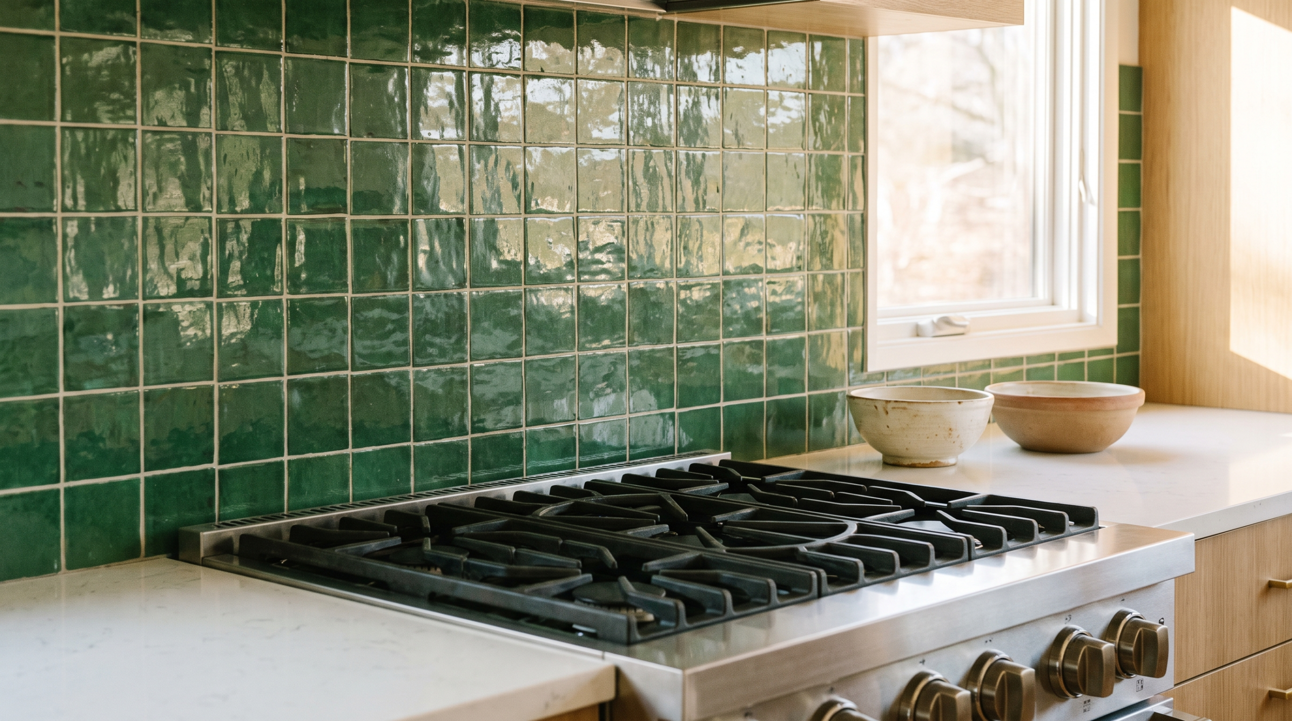 Kitchen Backsplash Tile Guide: Materials, Styles & Installation 1 Green handmade ceramic kitchen backsplash tile behind a modern range