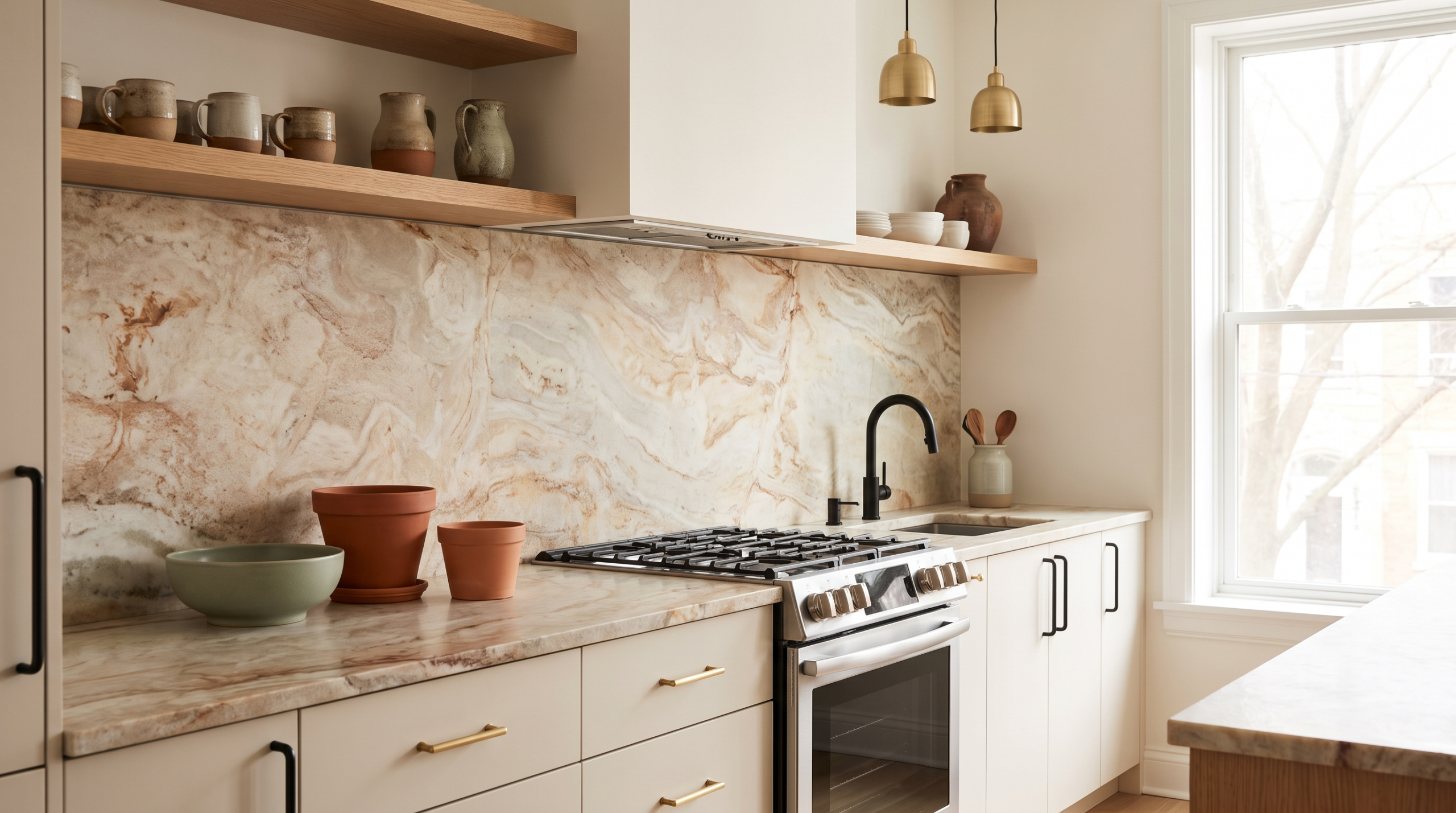 Modern Chicago kitchen with a natural stone slab backsplash, warm quartzite countertop and open oak shelving