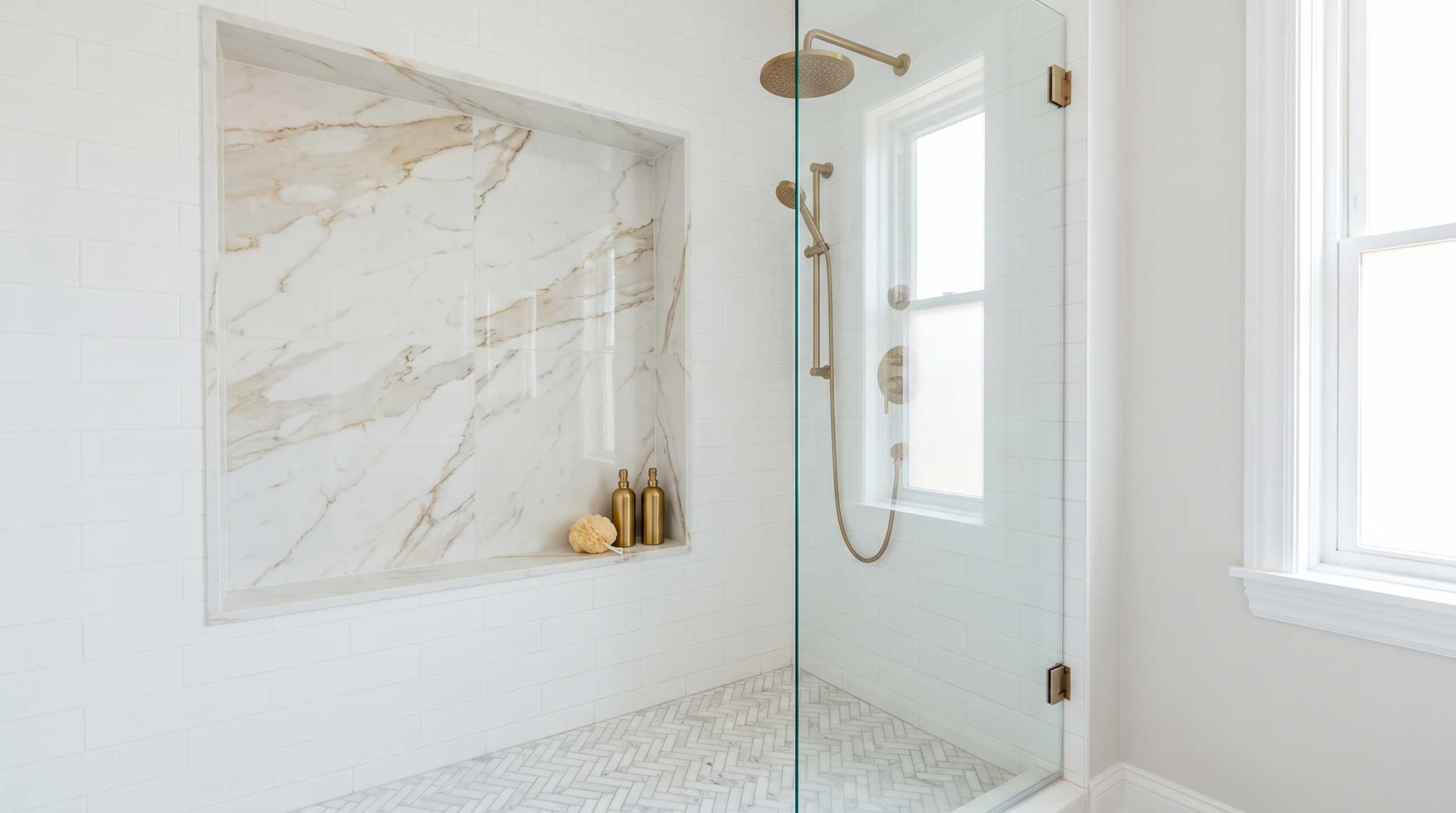 Modern Chicago bathroom shower combining affordable white porcelain tile with a marble-look accent niche and brushed brass fixtures